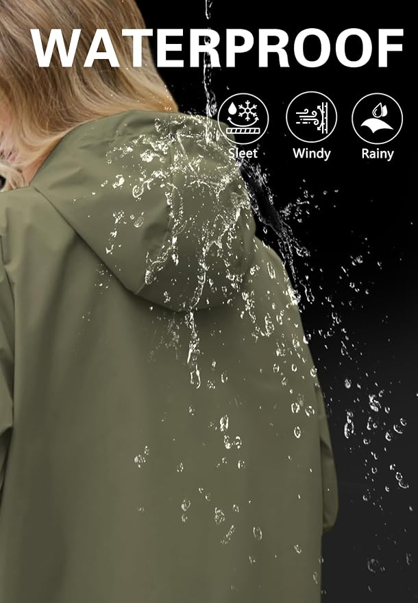 Zando Long Packable Rain Jacket Women Waterproof Raincoat with Hood | Relaxed-Fit Lightweight Windbreaker for Women; Travel Rain Coats for Commute, Hiking, Cruise, and Daily wear