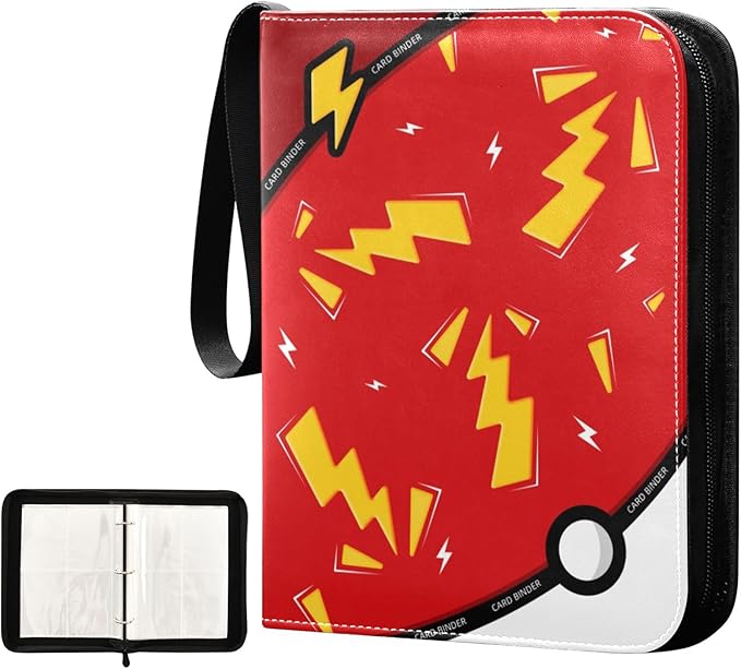 Red Lightning Card Binder, 4 Pocket Trading Card Holder with 50 Removable Sleeves, Zipper Card Binder Fits 400 Cards, Collection Card Storage Case Album Book Gifts