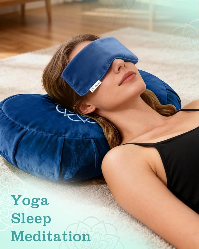 Hihealer Premium Crescent Meditation Cushion, Ergonomic Buckwheat Hull Floor Pillow for Adults, Comfortable Yoga Bolster for Meditation & Floor Sitting (Blue)