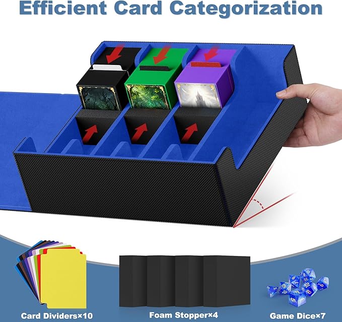 Mlikero Card Deck Case, 2400+ Trading Card Storage Box with 10 Colorful Dividers and 4 Foam Stoppers, Leather Magnetic Closure Commander Deck Box Fit for MTG, TCG (4 Rows, Black&Blue)