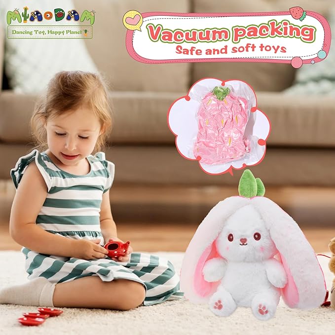 MIAODAM Bunny Stuffed Animal Reversible Cuddle Bunny Stuffed,Strawberry Bunny Transformed Rabbit Plush Zipper,Carrot That Turns Into Ears Bunnies Plushies Toy Cute Stuffy Doll Easter Girlfriend Gift