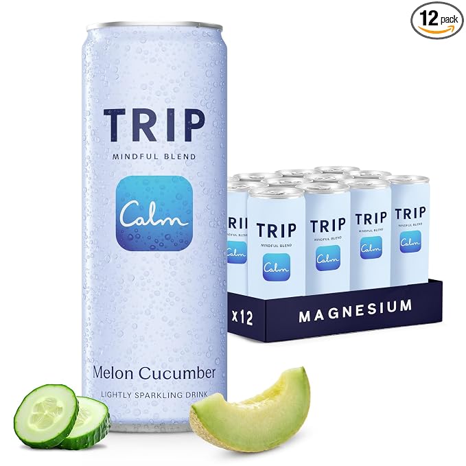 TRIP Lightly Sparkling Adaptogen Drink, Non Alcoholic Drink with Magnesium, Ashwagandha, Lions Mane & L Theanine, No Added Sugar Mocktail, Vegan, Melon Cucumber, 12 Oz, 12Pk