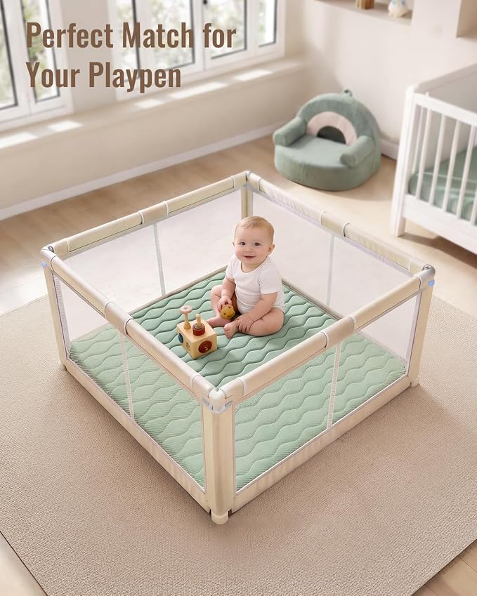 Blissful Diary Baby Play Mat, 47x47 Infant Play Mat for Playpen, Thicken Foam Cushioned Baby Mat for Floor, Non-Slip Kids Play Mat, Washable Baby Playmat for Babies,Toddlers, Sage Green
