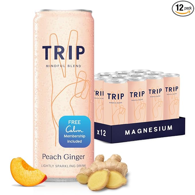 TRIP Lightly Sparkling Adaptogen Drink, Non Alcoholic Drink with Magnesium, Ashwagandha, Lions Mane & L Theanine, No Added Sugar Mocktail, Vegan, Peach Ginger, 12 Oz, 12Pk