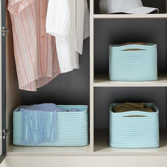 3 Pack Small Storage Baskets for Organizing, 11.8×7.8×5.1", Light Blue | Woven Baskets for shelves, Cotton Rope Basket for Gifts Empty, Closet Organizer Bins with Handles, Cube Decorative Box