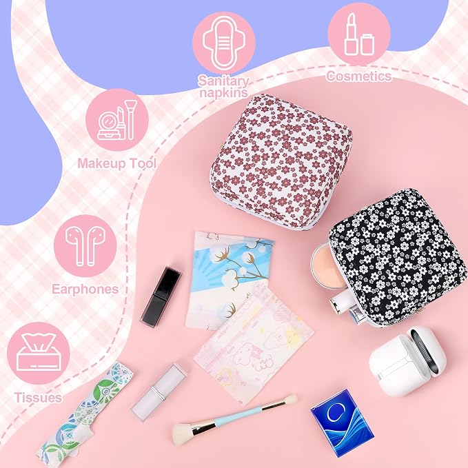 Floral Sanitary Pad Pouch Canvas Period Pad Bags for Women Black | Discreet, Portable, Menstrual Cup and Sanitary Napkin Storage, First Period Kit Storage, Tampon Bag