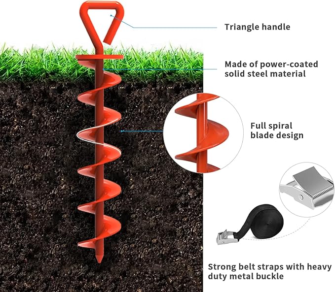 Eurmax USA 4 Pack Heavy Duty Ground Stakes,Industrial Grade Spiral Steel Screw-In Trampoline Anchors with 4 Reinforced Straps,High Wind Stabilizing Kit for Dog Tie-Out,Canopies,Sheds,Swing Sets,Orange
