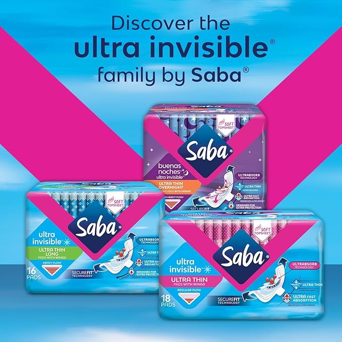 SABA Ultra Invisible Ultra Thin Regular Pads with Wings, SecureFit Technology, 3-Pack of 18 Pads (54 Count)