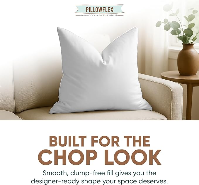 Pillowflex Synthetic Down Pillow Insert 20x20 in - Karate Chop Pillow | Set of 2 - Large Square Sham Forms, Plush Polyester Cotton Blend, Cloud-Like Comfort, Clump-Resistant Fill, Smooth Finish