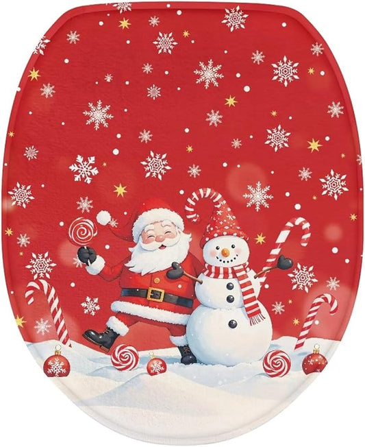 Toilet Seat Cover, Soft and Comfortable Flannel Seat Cover, Elastic Band at the Bottom Toilet Lid Cover-Christmas Snowman Print