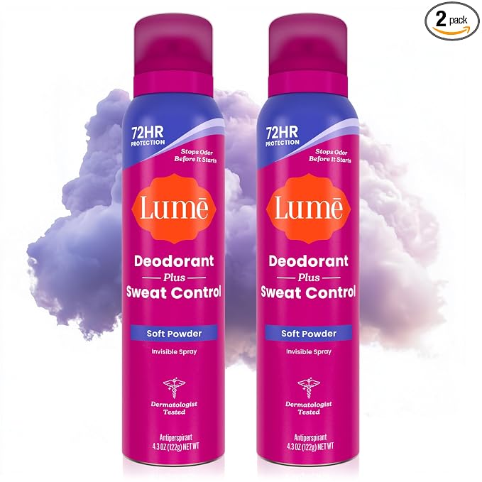 Lume Deodorant Plus Sweat Control - Invisible Spray - Extra Strength Antiperspirant For Underarms - 72 Hour Odor And Sweat Control - Phthalate and Paraben Free Formula - 2 Pack (Soft Powder)