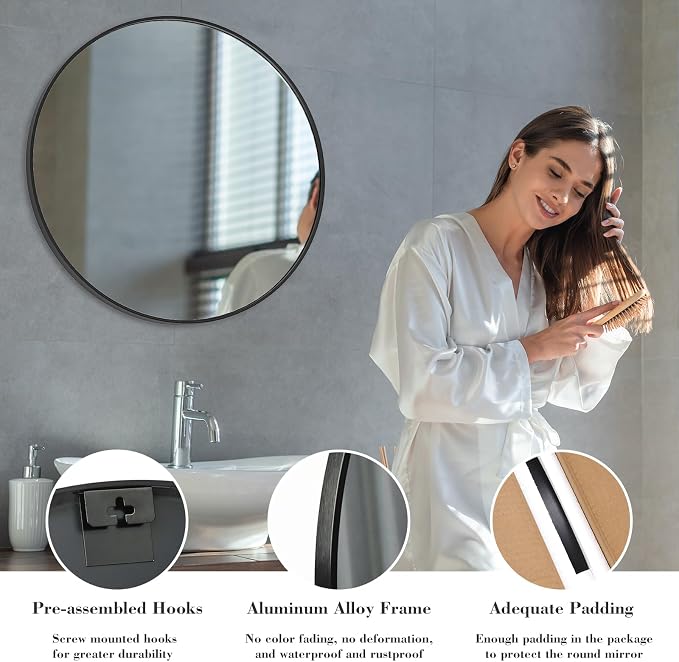 Sweetcrispy Round Bathroom Mirror for Over Sink, 30 Inch Wall Mounted Vanity Mirror with Matte Metal Frame, Decor for Bathroom, Entryway, Bedroom, Black