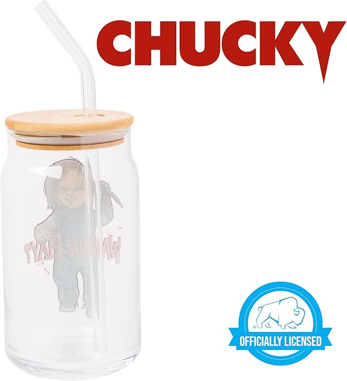Silver Buffalo Chucky "Wanna Play" Scary Glass Jar Tumbler with Bamboo Lid and Glass Straw, 16 Ounces