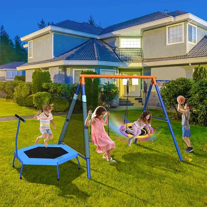 5-in-1 Kids Swing Sets for Backyard with Trampoline, 880lbs Heavy-Duty A-Frame Stand Metal Outdoor with 32 inch Saucer & Belt Swing, 55 inch Trampoline, Basketball Hoop, Led Light & Anchors
