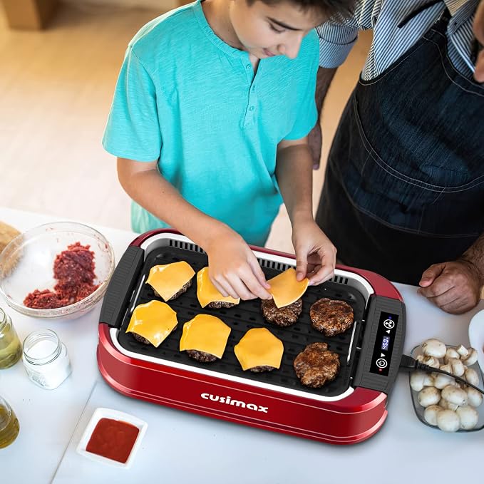 Indoor Grill, CUSIMAX Smokeless Grill Indoor, Electric Griddle, 1500W, Red | with Smart LED Display & Tempered Glass Lid, Non-stick Removable Plate & Griddle Plate, Adjustable Temperature, Easy Cleanup