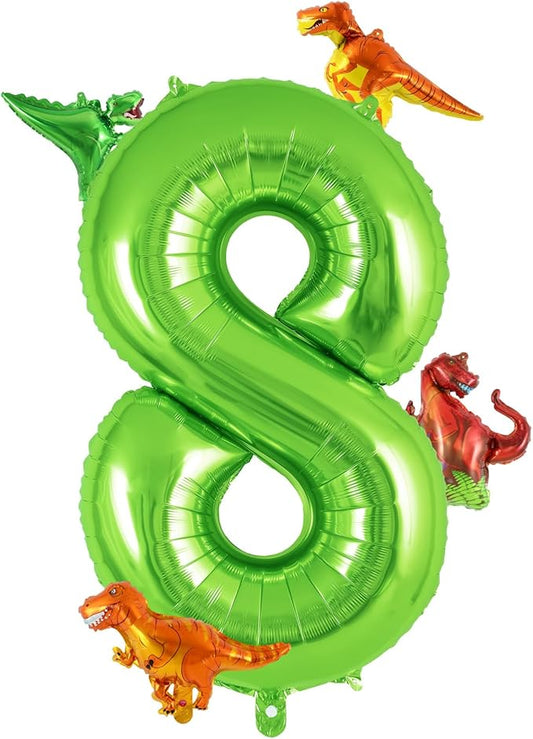 Dinosaur Green Number 8 Balloon, 40 Inch Big Large Foil Helium Green Number Balloon with 4 Pcs Mini Dinosuar, Dinosuar Mylar Balloons Set for 8 Year Old Birthday Party Decorations Supplies