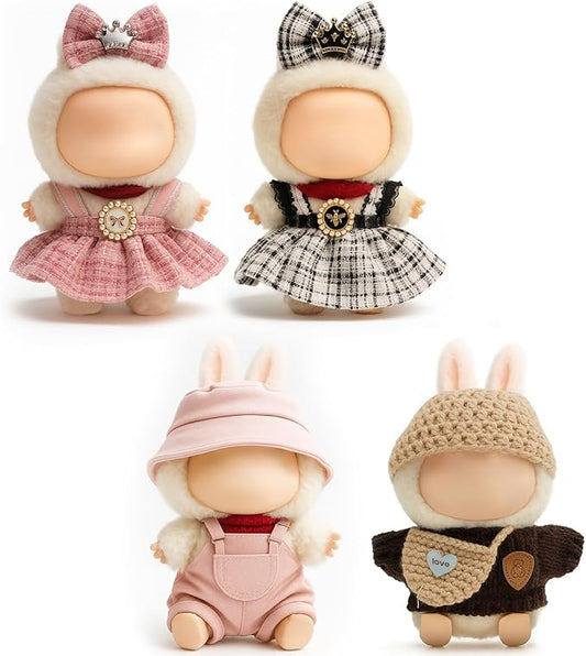 (4-Pack) 17cm Clothes Set, Black Plaid Outfit & Pink Plaid Dress Set with Bow Clip and Metallic Details, Cute Pink Clothing, Knitted Doll Clothes with Hat & Crossbody Bag for 17cm Doll