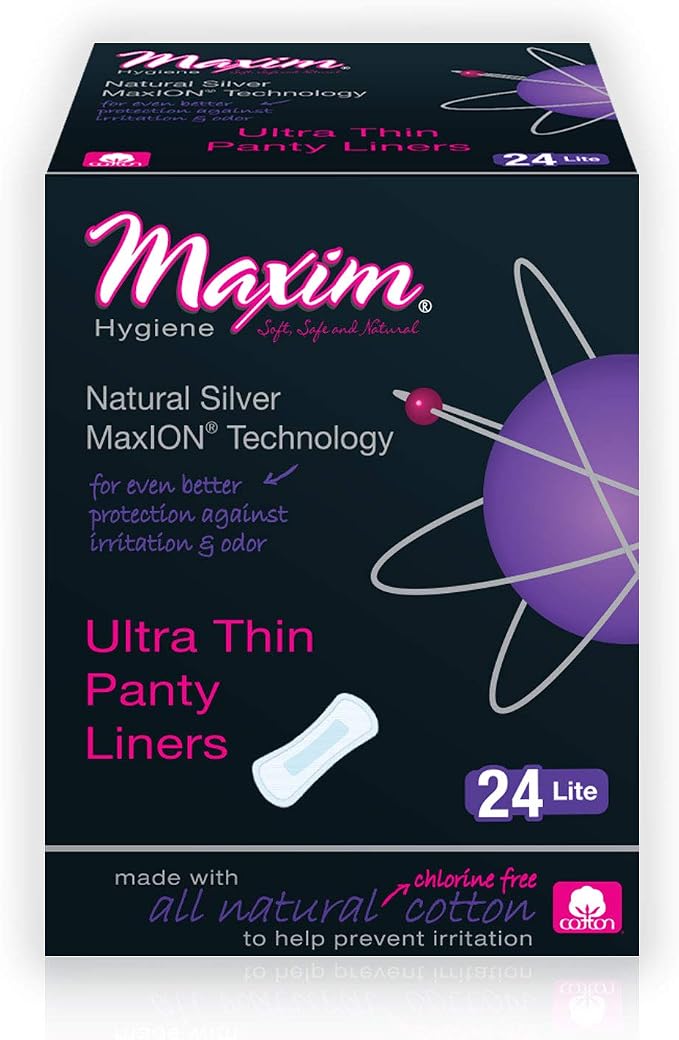 Maxim Cotton Panty Liners for Women, Natural Panty Liners, Ion Odor Control Pantie Liners, Chlorine Free, Chemical Free, Eco Friendly, 1 Pack of 24