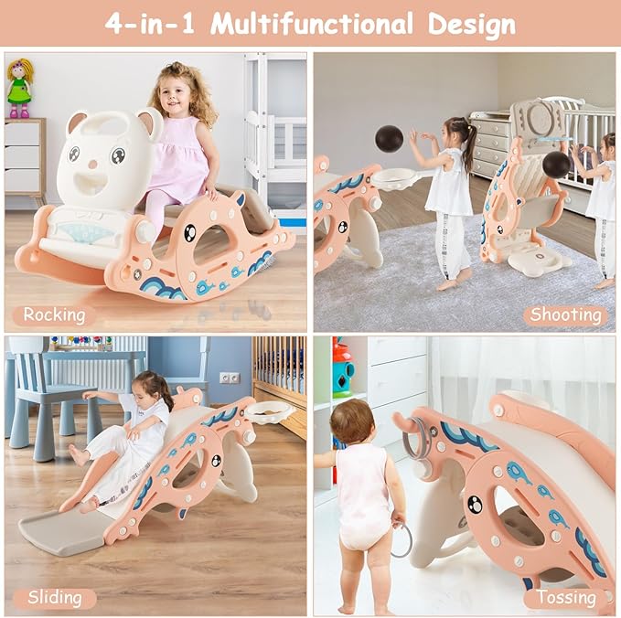 Costzon 4 in 1 Toddler Slide Rocking Toy, Slide for Kids with Basketball Hoop and Ring Game, Rocking Horse, Foldable Climber Playground Slide for Both Indoors Outdoor Use (Pink Ocean), YMHT1003