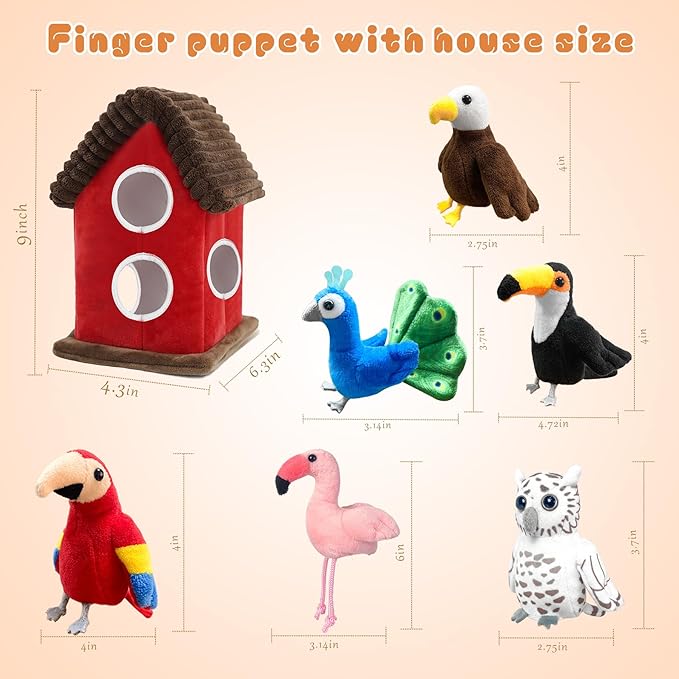 6pcs Birds Finger Puppets Bringing a House，Novelty Animals Toys Puppet for Kids, Storytelling Role-Playing Plush Finger Puppets Gifts for Boys and Girls