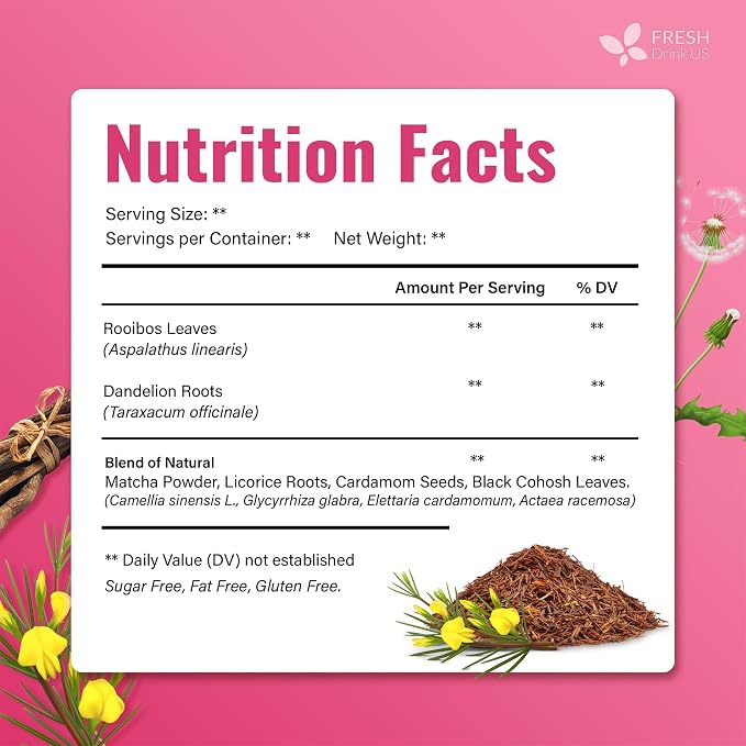 FreshDrinkUS, MenopauseSlim 40 Tea Bags – Herbal Blend with Rooibos, Dandelion Root, Matcha, Licorice, Cardamom & Black Cohosh – Smooth, Earthy Flavor – Premium Quality, Naturally Caffeine-Free Tea
