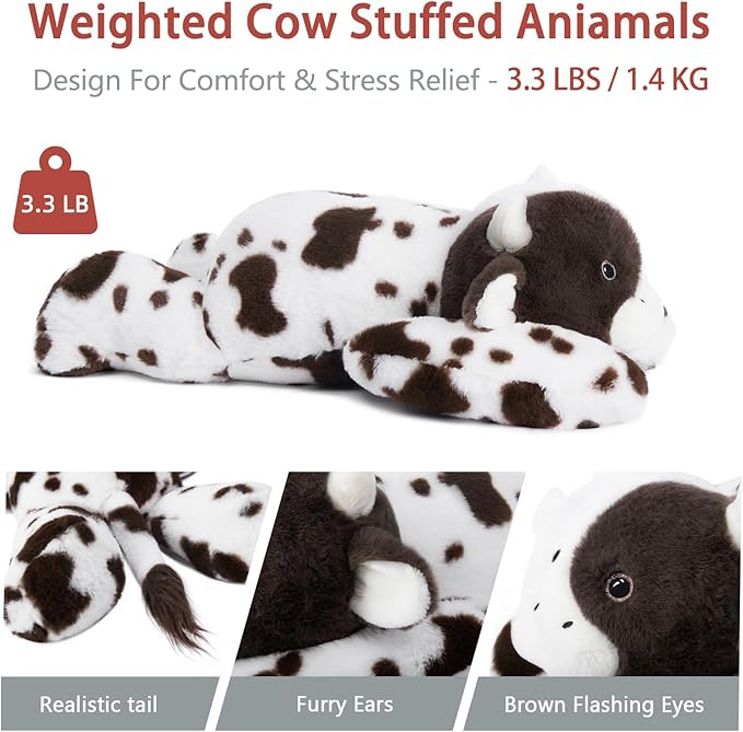 Niuniu Daddy 20" | 3.3 Pound Cow Weighted Stuffed Animals for Kids Adults, Fluffy Cow Weighted Beads for Body Pillow for Hugging, Soft Plush Toy for Gift Birthday Christmas Holiday Easter Presents