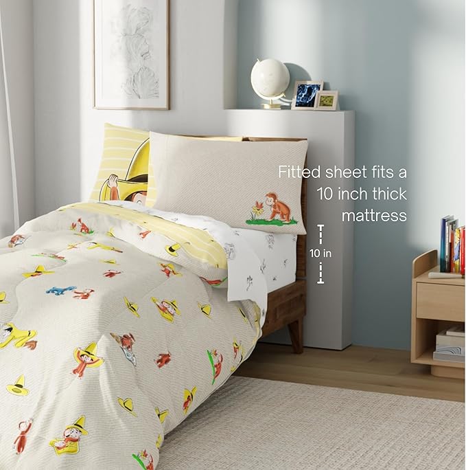 Curious George Bedding Set, Full Size 7 Piece Set Kids Super Soft Cozy Reversible Comforter and Sheet Set with Sham, (100% Officially Licensed Product) by Franco
