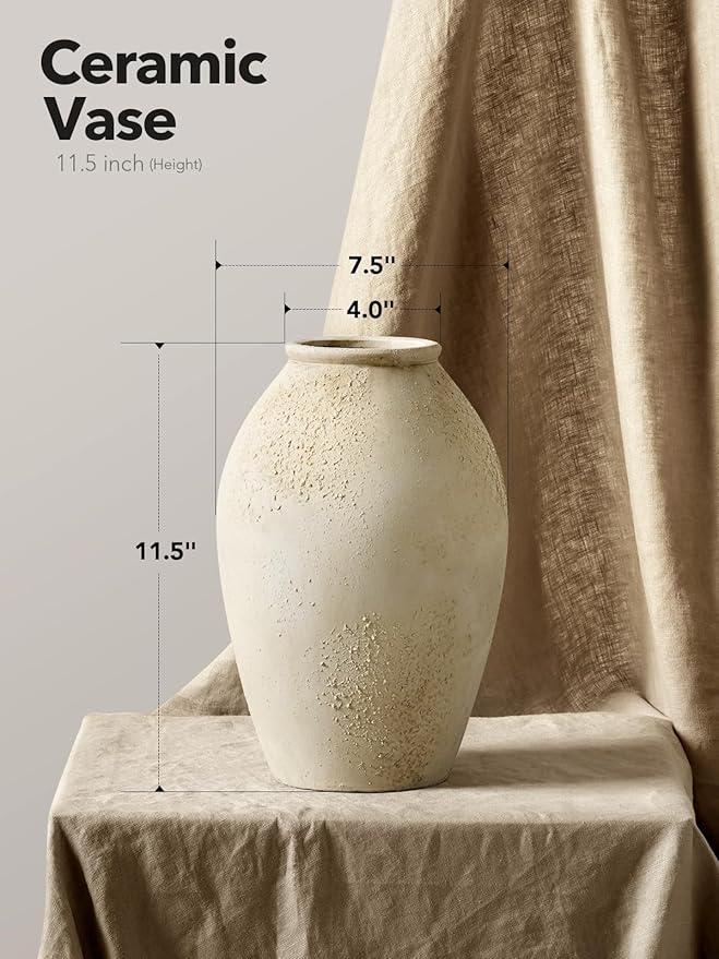 LE TAUCI Ceramic Vase, 11.5 Inch Large Rustic Farmhouse Vase, Tall Vase for Home Decor, Living Room Table & Mantel Centerpiece, Watertight & Sturdy, Matte Sandy Beige White