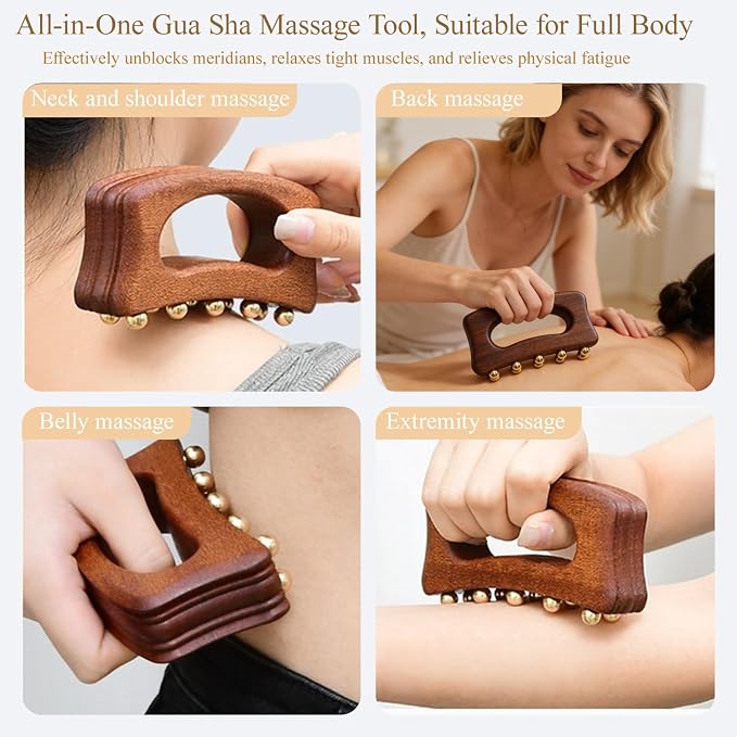 Brass Beads Gua Sha Massage Board for Neck Shoulder Back Abdomen Muscle Relaxation, Body Sculpting & Meridian Relief Copper Meridian Point Massage Board Chinese SPA Gua Sha Tool Natural Wooden Handle