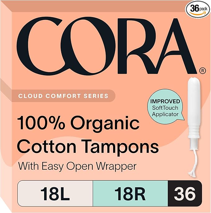 Cora Organic Cotton Tampons Multipack (18 Light, 18 Regular Tampons)