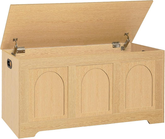 Storage Chest, Wooden Toy Box, Natural 39.4" L | Entryway Shoe Bench, 2 Soft-close Hinges, Finger-safe Flip-Top Lid, Easy Assembly, Farmhouse Large Trunk, Living Room/Bedroom