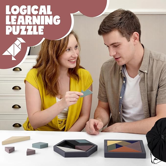 Yunsailing 3 Pack Hexagon Tangram Puzzle Wooden Brain Puzzles with Storage Bag Challenge Wood Russian Blocks Brain Teasers Geometric Jigsaw Block Logic Iq Stem for Family Party Gift (Stylish)