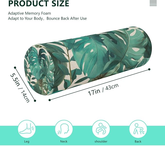 Neck Roll Pillow Bolster Pillows Round Health Memory Foam Long Cervical Cylinder Bolsters Body Removable Washable Cover Bed Legs Back Yoga Palm Leaves Tropical Green