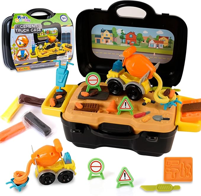 Crelloci Cement Mixer Color Dough Set, Construction Truck Tools Kit, DIY Art & Craft Playset Toys with Portable Case for Kids Boys Ages 3+, with Molds Non-Toxic Modeling Clay 4 Colors