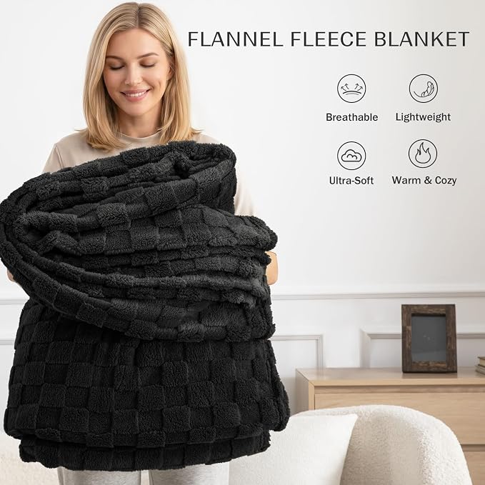 Exclusivo Mezcla 3D Checkered Fleece Throw Blanket for Couch, Black | Super Soft and Cozy Fluffy Throw, Lightweight and Breathable, Cute Fuzzy Blanket for Sofa, Home Decor, All Season, 50"x60"