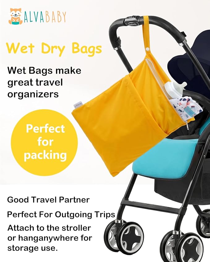 ALVA ALVABABY 3pcs Medium Cloth Diaper Wet Dry Bags Waterproof Reusable with Two Zippered Pockets Travel Beach Pool Daycare Soiled Baby Items Yoga Gym Bag for Swimsuits or Wet Clothes 3L-ZM42