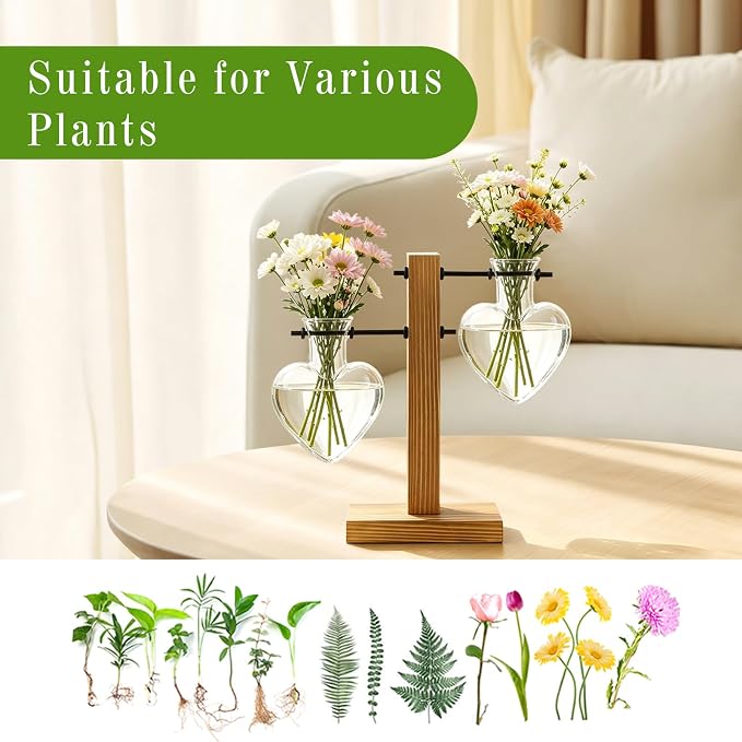 XXXFLOWER Plant Propagation Station Terrarium Wooden Stand 2 Love Bulb Vase | Flower Glass Vase Plant Desktop Holder, Home Garden Office Decor for Birthday Gift for Women Plant Lover