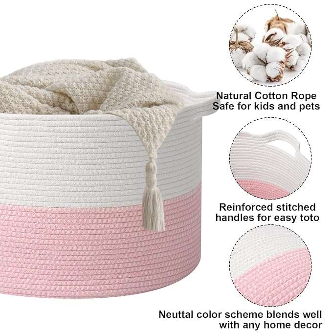115L Extra Large Pink Woven Cotton Rope Basket with Handles | Kids Nursery Laundry Basket Hamper for Toys, Blankets, Pillows & Comforters, Cute Storage Bin for Bedroom & Playroom