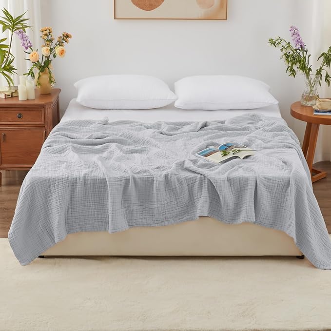 Love's cabin 100% Cotton Muslin Blanket, 6 Layer Lightweight Breathable Gauze Queen Size Blanket 90 x 90 Inches, Soft All Season Blanket for Bed, Light Grey