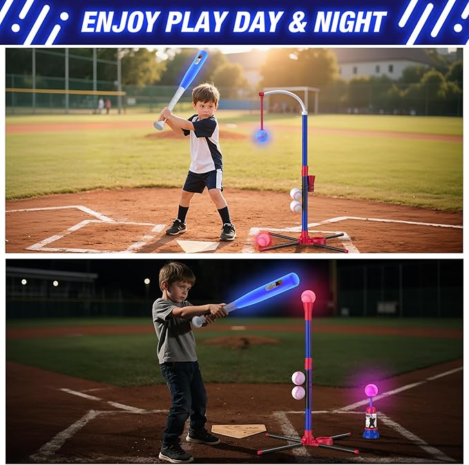 HYES 3-in-1 LED Baseball Set for Kids 3-5 - Tee Ball Stand, Hanging Tee, Ball Launcher and 4 Softballs - Adjustable Height, Indoor/Outdoor Sport Gifts for Boys Girls, Blue