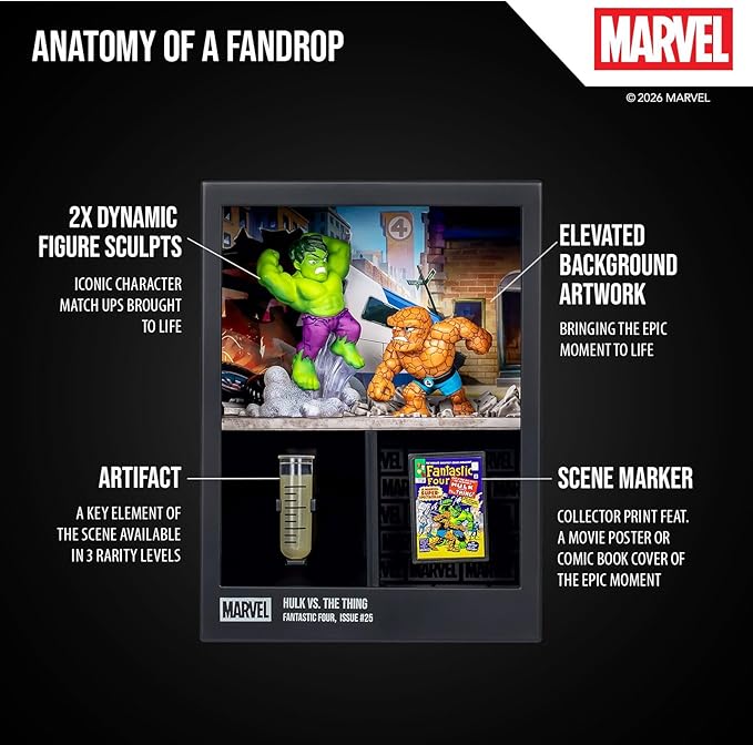 FANDROP MV05 - Hulk VS. The Thing, FANDROP Combines A Displayable Diorama, Artifacts & Scene Marker that Creates an Elite Display to Enhance Any Marvel Collection, 5 Marvel FANDROPS to Collect