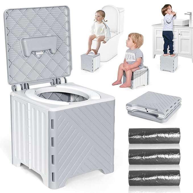 Orzbow Portable Potty Training Toilet, Travel Potty Seat for Toddler Boys Girls, Toilet Training Essentials, Foldable, Includes Free Travel Bag and Disposable Liners, Toddler Travel Essentials, Grey