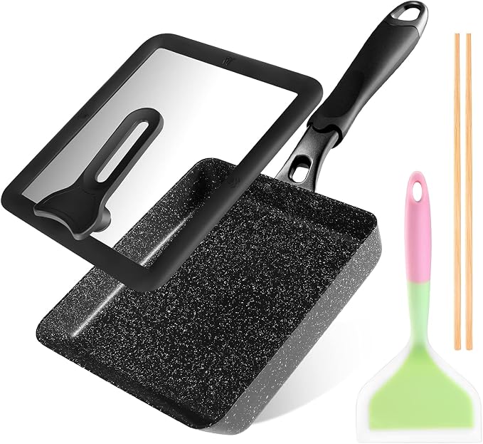 HAPPI STUDIO Tamagoyaki Pan - Japanese Egg Pan with Lid, Square 7x6 Inch | Japanese Omelette Pan For Rolled Omelets - Nonstick Tamago & Square Frying Pan, Induction Ready, Heat-resistant Handle