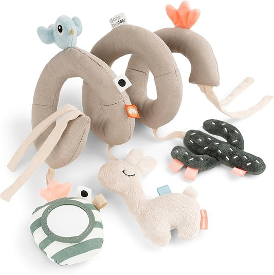 Done by Deer Car Seat Toys Hanging - Activity Spiral – Sensory Baby Toy with Mirror with Sound & Crinkle Sounds - Attachable to Cot, Carseat & Stroller - Soft & Baby-Friendly Materials