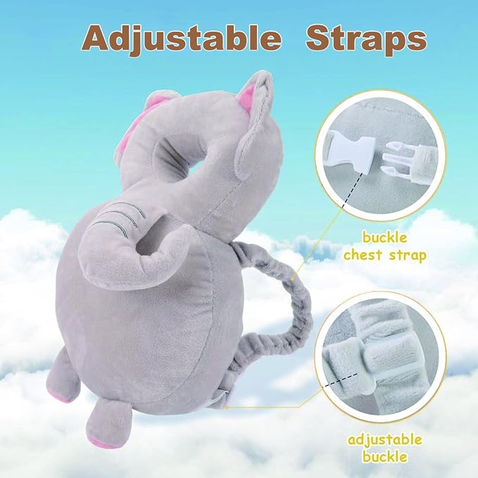Baby Head Protector Backpack, Adjustable Baby Head Protection Backpack with Baby Knee Pads for Walking & Crawling, Soft, Breathable and Wearing Safety Baby Head Protector - Grey Elephant