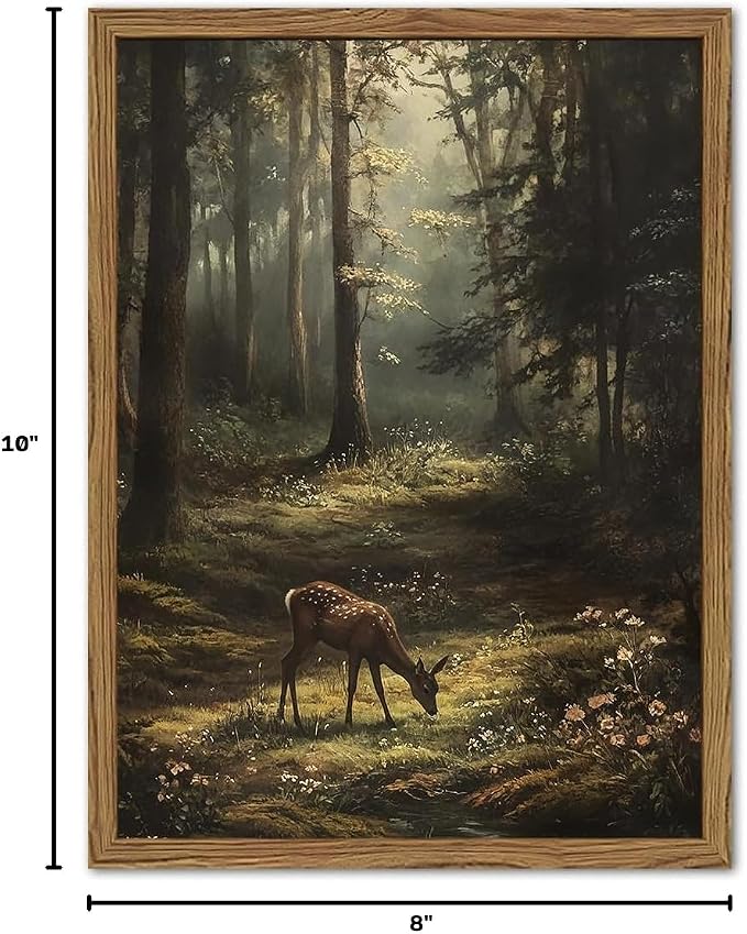 Framed Vintage Forest Deer Canvas Wall Art, Rustic Nature Landscape Paintings Wall Decor, Woodland Animal Pictures Prints Cottagecore Home Decor for Living Room Bedroom Office 8x10inch