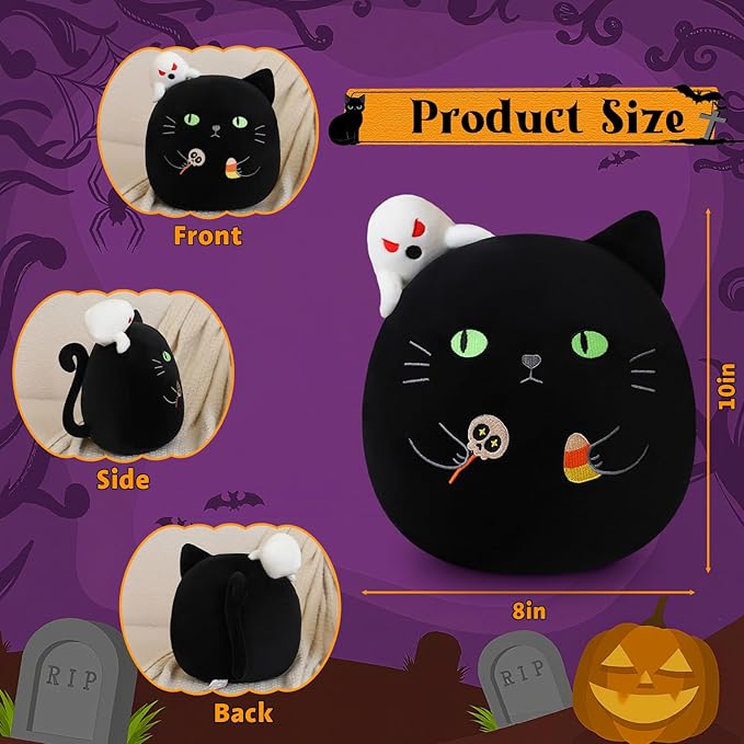 Halloween Candy Cat Stuffed Animal Toy, Black Cat Plush with Ghost and Candy for Home Decor, Halloween Party Gift for Kids（Candy Cat 10 Inch）