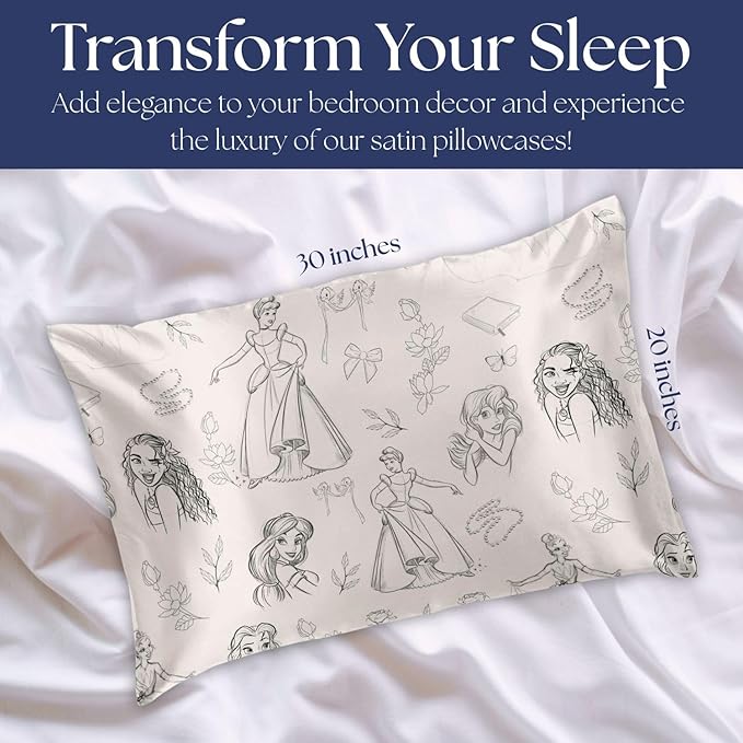 Jay Franco Satin Pillowcase - Standard Size 20x30 Inch Silky Soft Premium Pillow Cover, Beige - Disney Princess