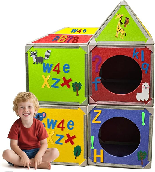 Magnetic Fort Building Panels – 16PCS Upgraded Felt Panels with Alphabet, Number & Animal Stickers, Kids Magnetic Playhouse Construction Toy Set for Creative Fort Building