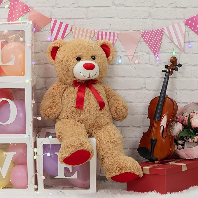 Big Teddy Bear Stuffed Animal Giant Teddy Bear Plush with Red Ribbon Bow Plush Toy Gift for Girlfriend Birde 36 inch Tan